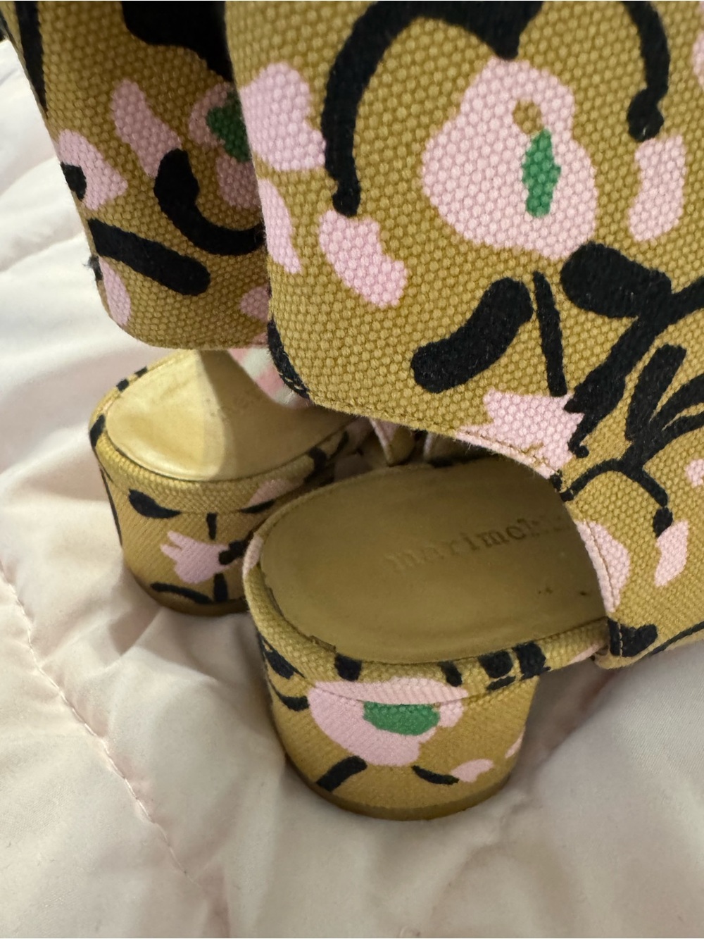Marimekko Olive, Pink & Black Floral Canvas Peep-Toe Booties - Picture 4 of 9